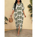 Amazon european goods  summer new arrival printed elegant v-neck short sleeve long loose slimming dress