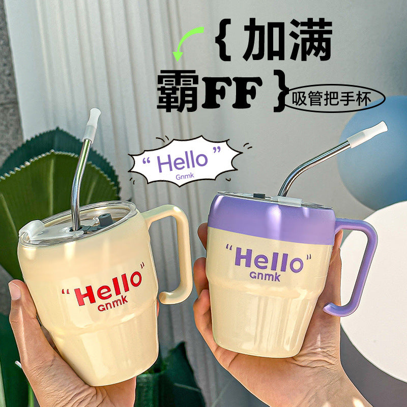 Influencer-style letter handle mug, trendy instagram coffee cup, high-end, niche, cute, with straw, glass water cup, customizable