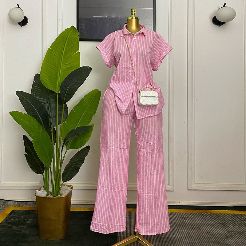 European and american cross-border women's fashion  summer new arrival: elegant sweet pink short-sleeve striped shirt and wide-leg pants set