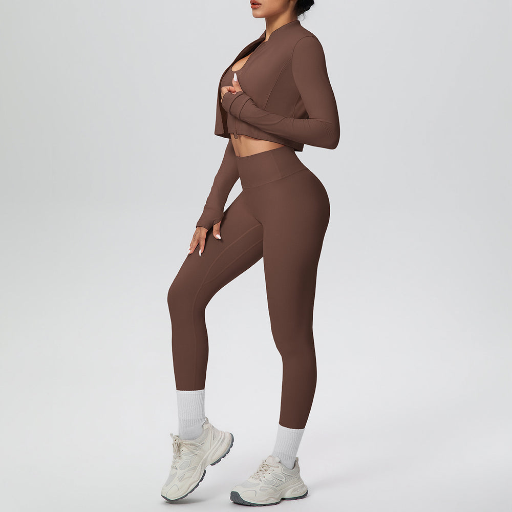 brushed tight-fitting breathable back-hanging halter vest long three-piece set sports running fitness yoga suit