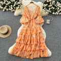 French round neck lantern sleeve drawstring waist printingdress women slimming lookeleganteleganceruffles chiffon long skirt