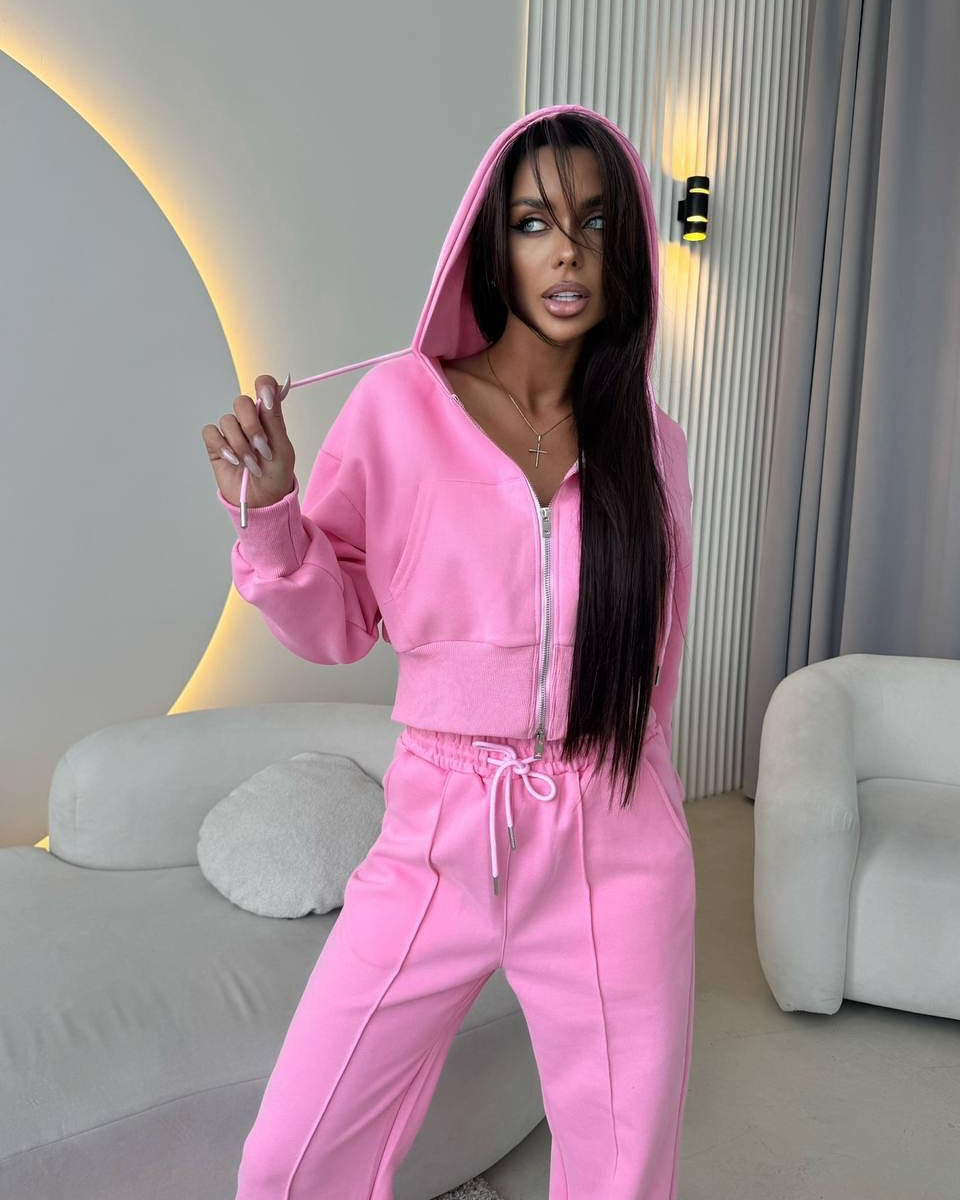 European and American  casual cotton set, long-sleeved zipper cardigan, waist hooded sweater, lace-up wide-leg pants two-piece set