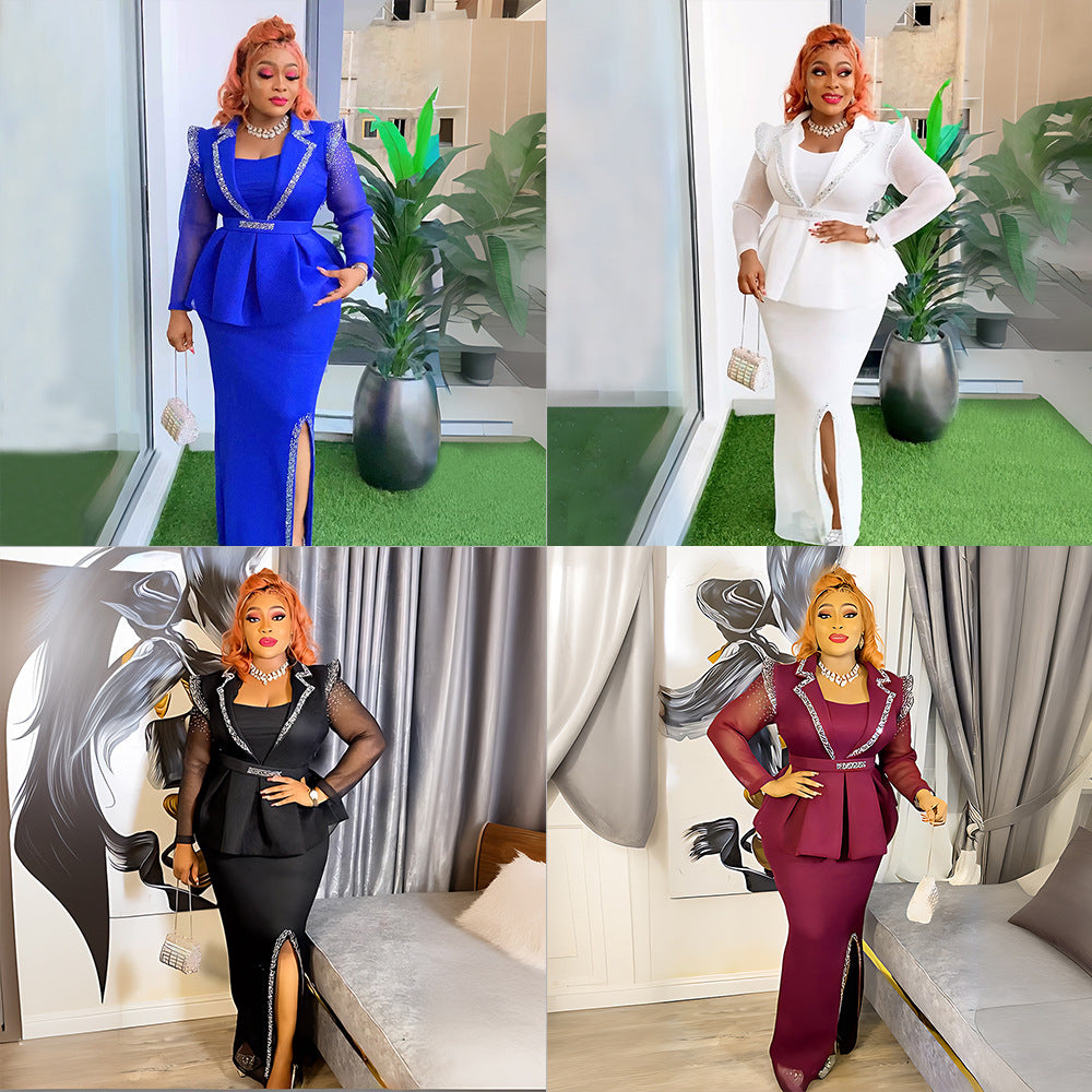 Fashion cross-border foreign trade mesh hot diamond elegant professional women's clothing plus size  african fake two-piece set dress