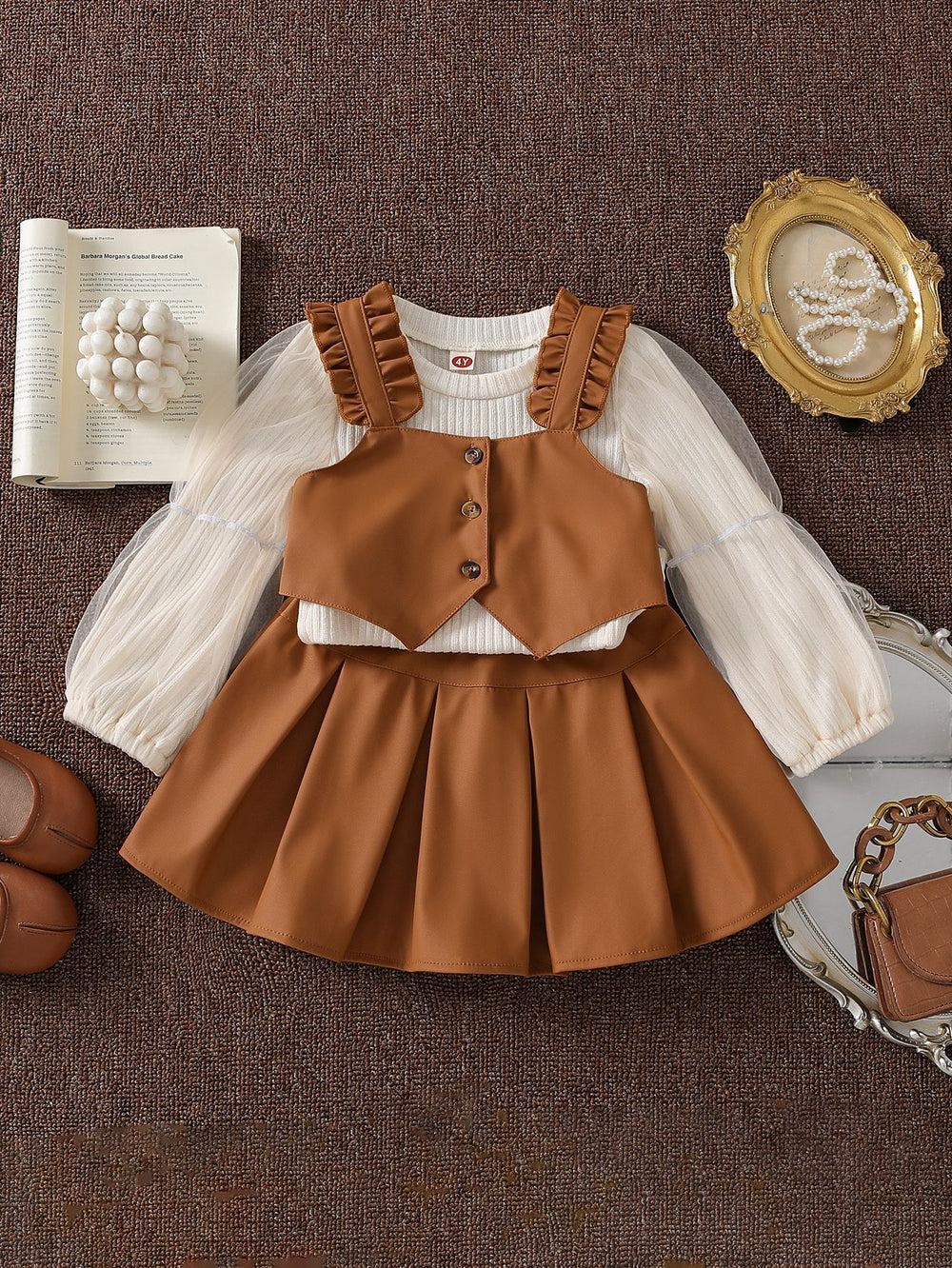 autumn new girls' preppy style mesh knit base layer top with leather vest + pleated leather skirt three-piece set