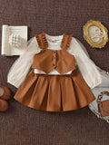 autumn new girls' preppy style mesh knit base layer top with leather vest + pleated leather skirt three-piece set