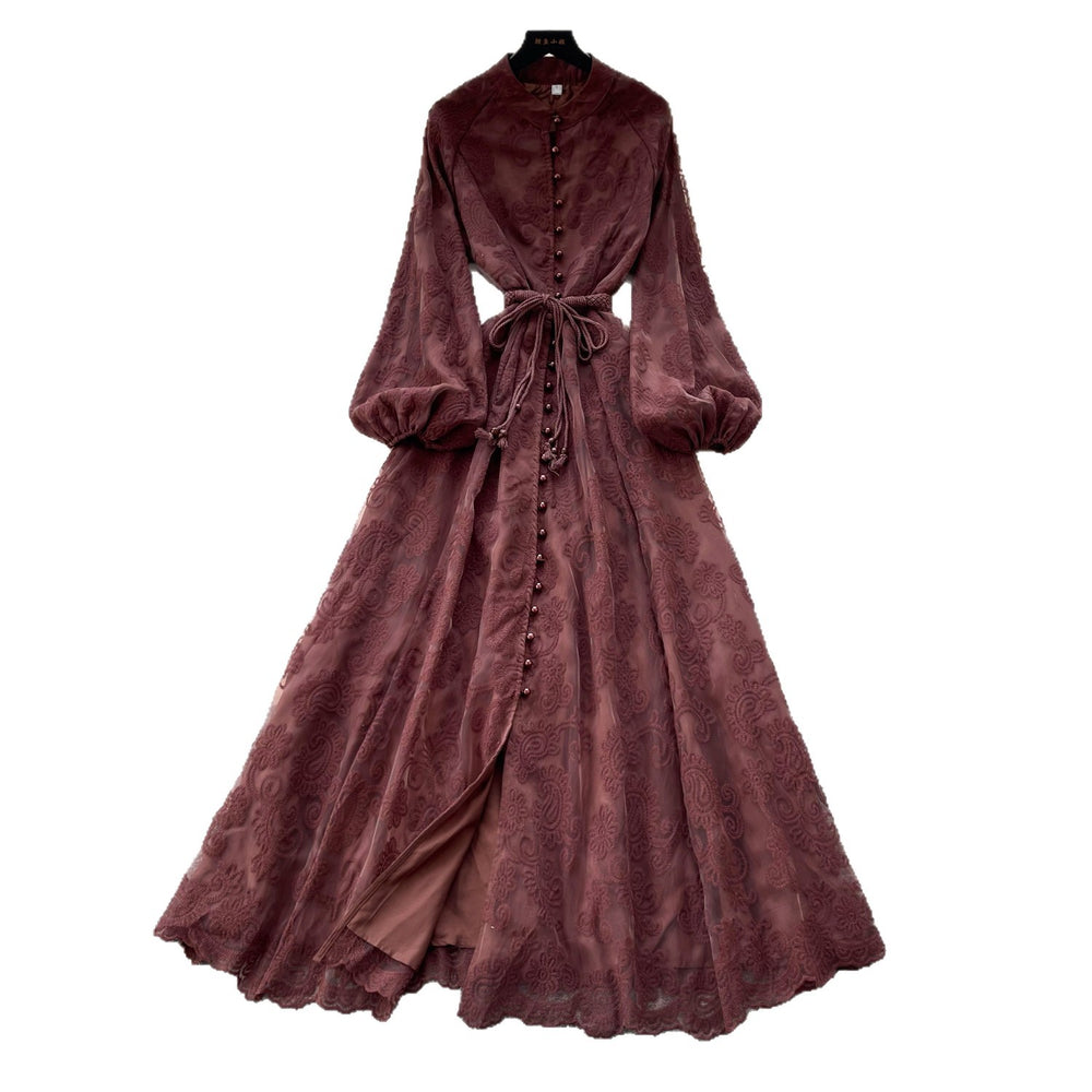 French romantic stand collar lantern sleeve lace dress - women's summer slimming a-line maxi dress - elegant and chic