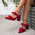 Women's party evening red high heel sandals chunky heel fashion pointed toe buckle minimalist high heels