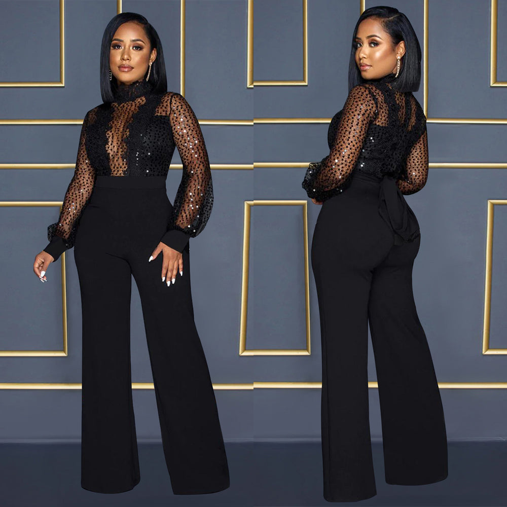 X6053 cross-border   fashion women's hollow-out see-through long sleeve pants tie-up jumpsuit
