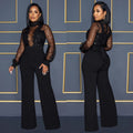 X6053 cross-border   fashion women's hollow-out see-through long sleeve pants tie-up jumpsuit