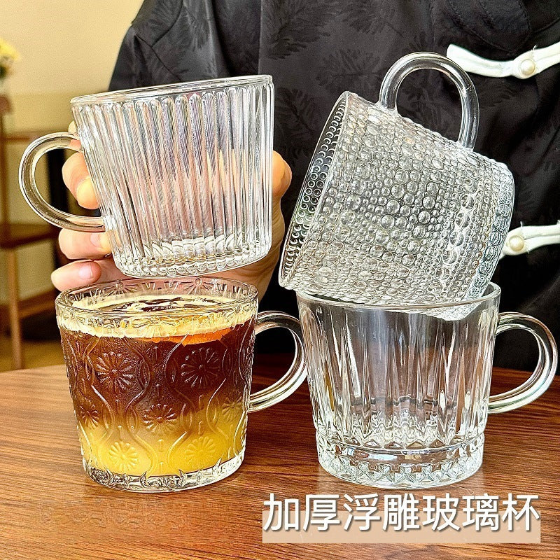Ins glass cup with handle for home breakfast cup popular embossed water cup good-looking coffee cup souvenir cup