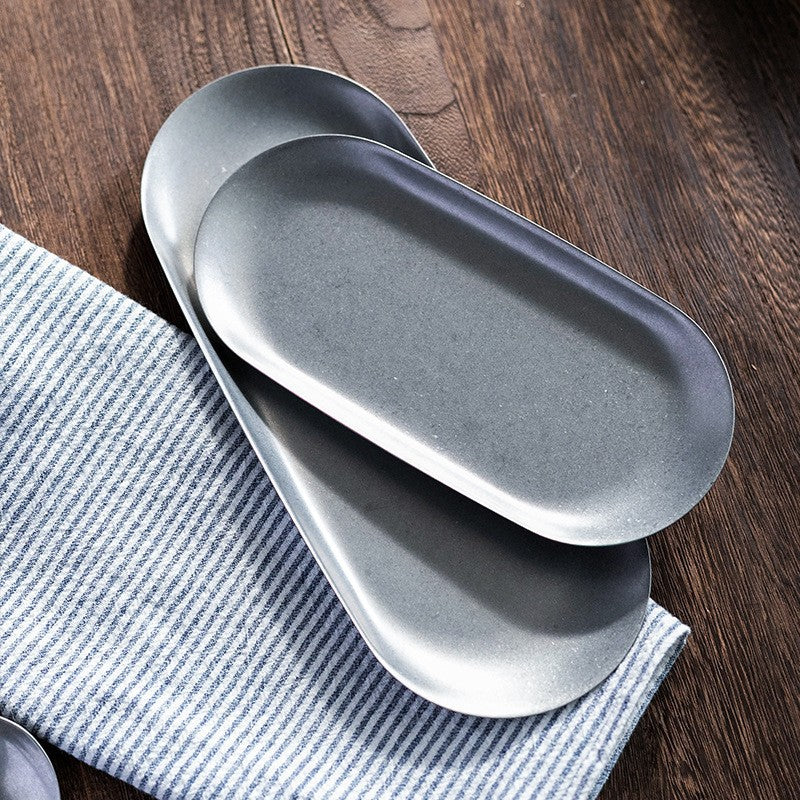 Retro stainless steel oval tray dessert snack plate antique barbecue plate decorative jewelry plate nostalgic tableware