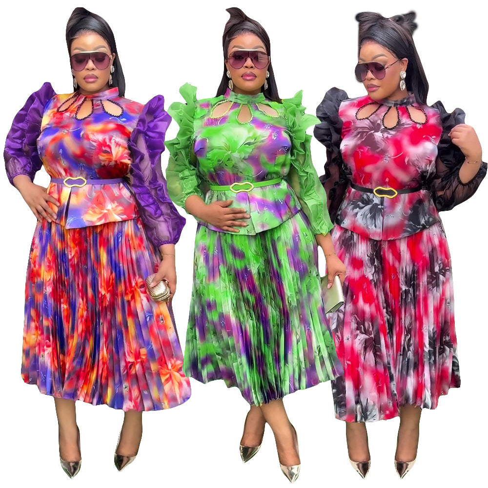 African  women's plus size cross-border printed dress new in stock fashion top and skirt two-piece set