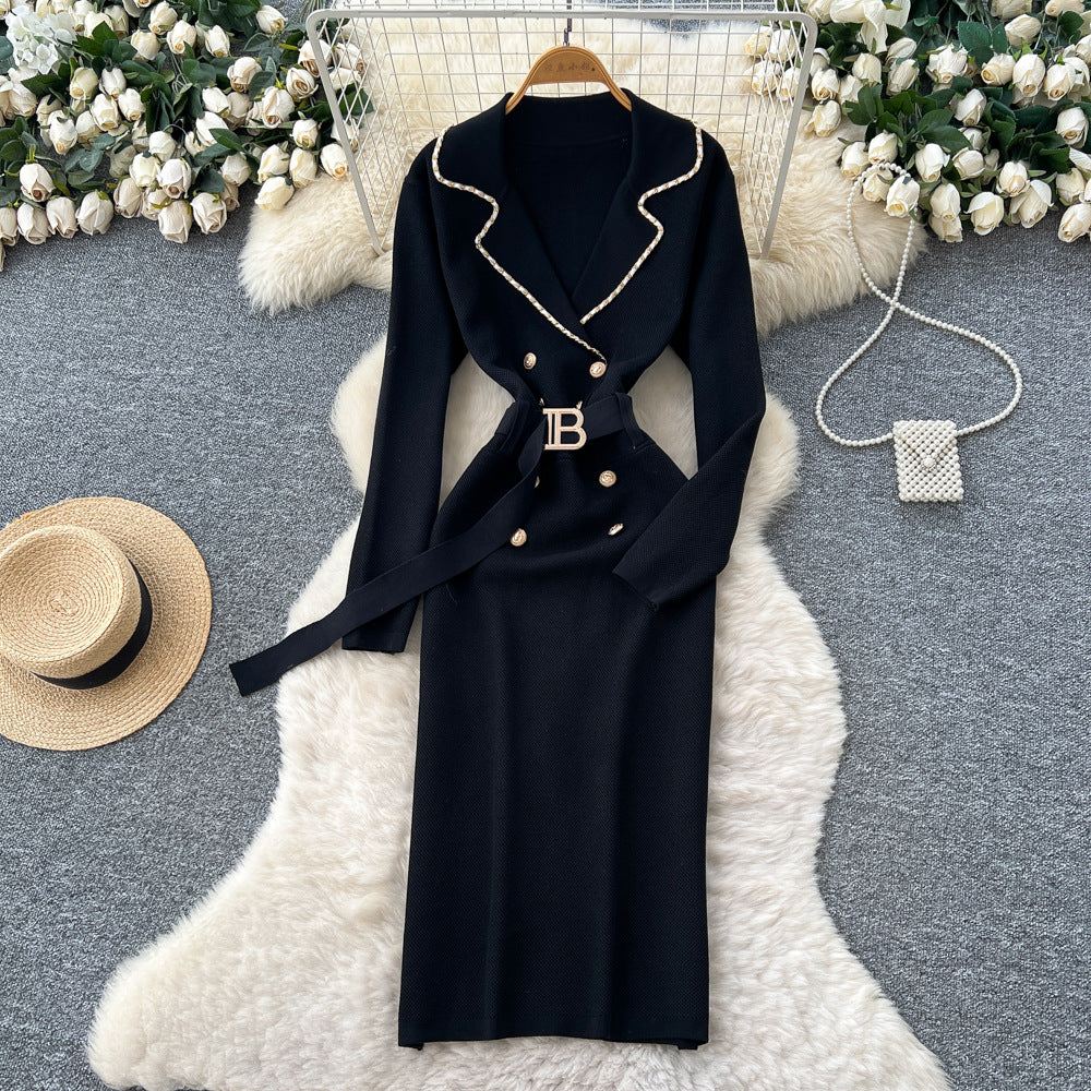 French chic color block double-breasted knit dress with tie waist and long sleeves - women's sweater maxi dress