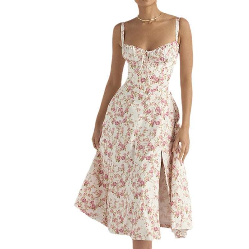 cross-border e-commerce women's fashion: european and american summer new arrivals - french chic floral print spaghetti strap slit dress