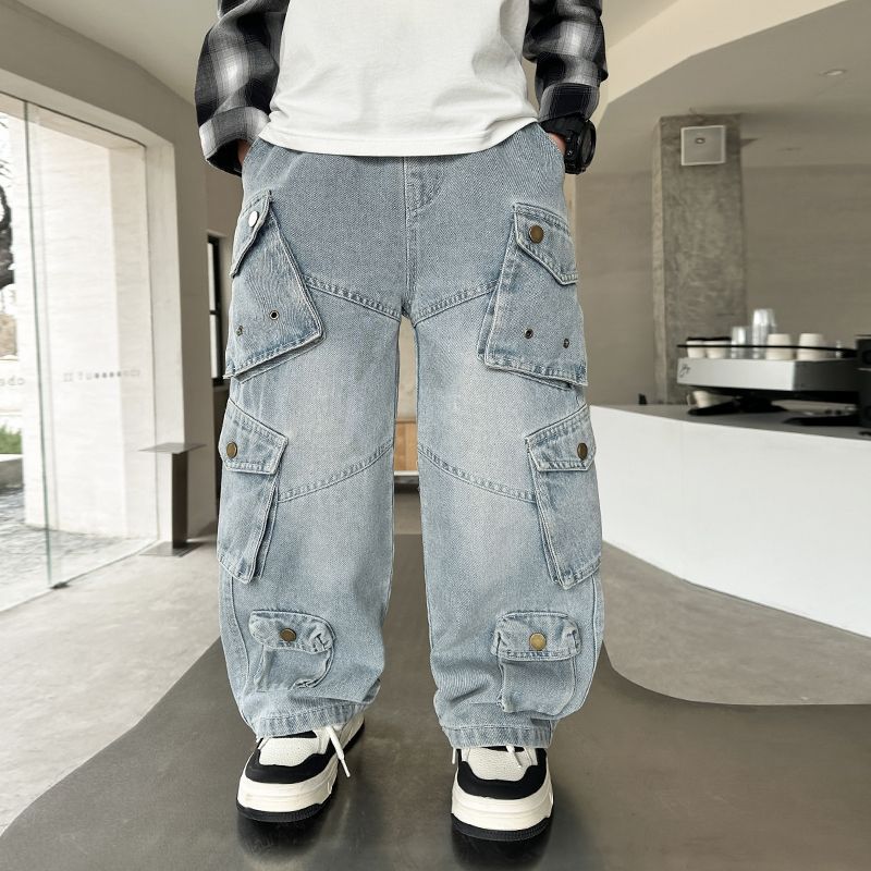 Boys' spring/autumn denim jeans - new korean style, stylish kids' loose-fit pants, mid-to-large size boys' spring cargo pants