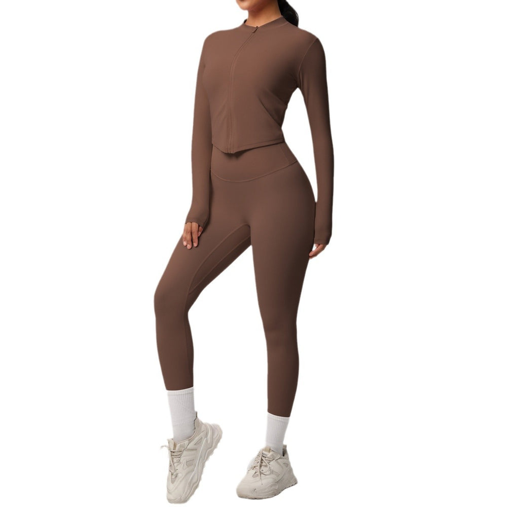 Ready-to-ship cross-border solid color double-sided brushed naked feel outerwear long sleeve set - compression running, fitness, and yoga two-piece outfit