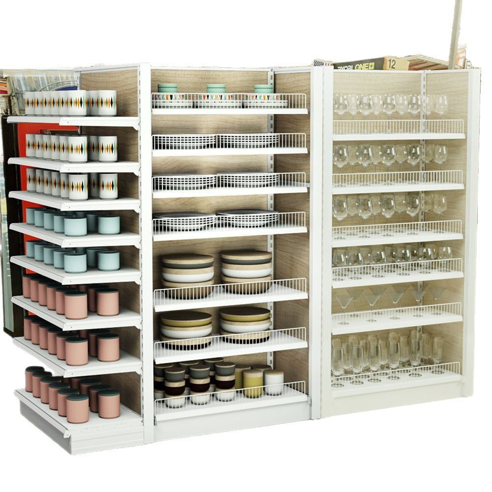 Customized tableware display rack, iron and wood combined with middle island rack, ceramic dishes, wine glasses and pots display rack, multi-layer display rack