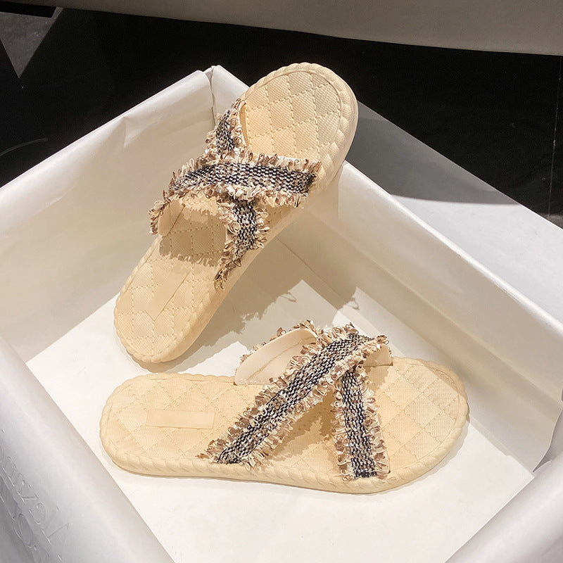Women's outdoor slippers - soft sole, tassel detail, fairy style, new summer trendy beach sandals - popular ins style
