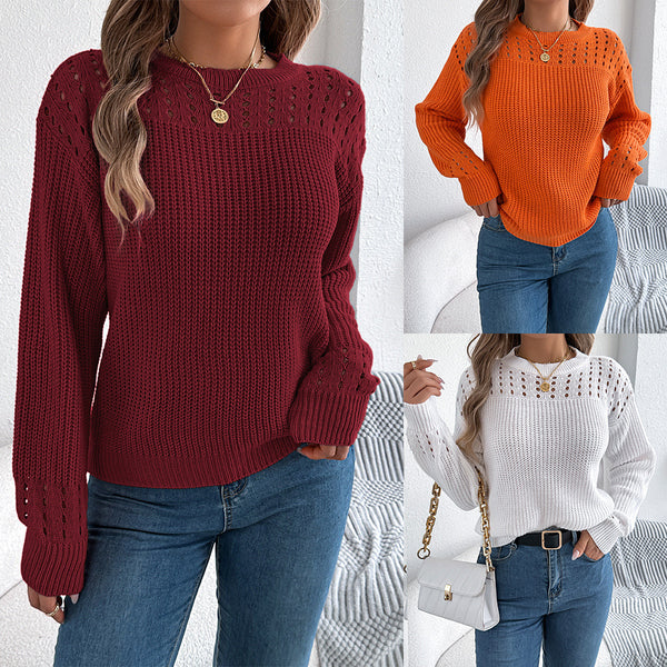 Real shot 2025 European and American casual solid color hollow lantern long-sleeved pullover sweater, independent station  women's clothing