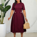 C8661 african women's clothing  summer new arrival: round neck short sleeve elegant solid color midi dress, european and american style