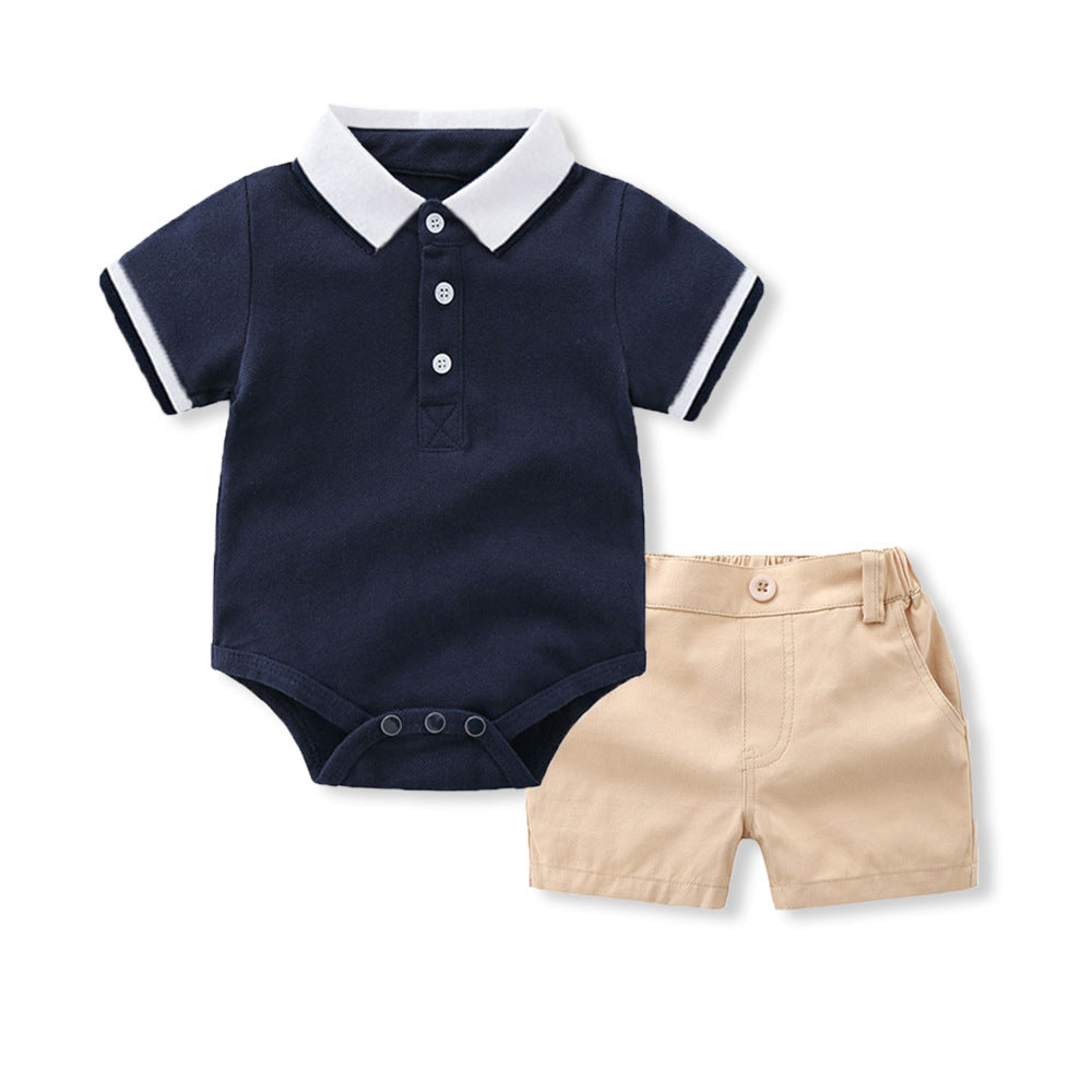 Boys' summer two-tone t-shirt & polo shirt romper set - cotton short sleeve shorts two-piece outfit for infants and toddlers