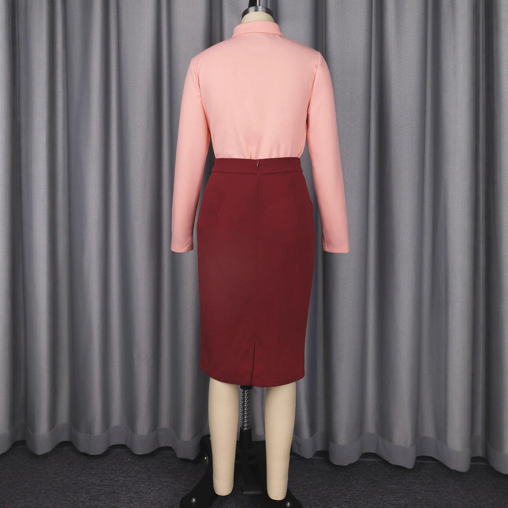 Fashionwork clothing lapel contrast colortwo-piece setdress european and american elegance waist midi skirt professional weardresses