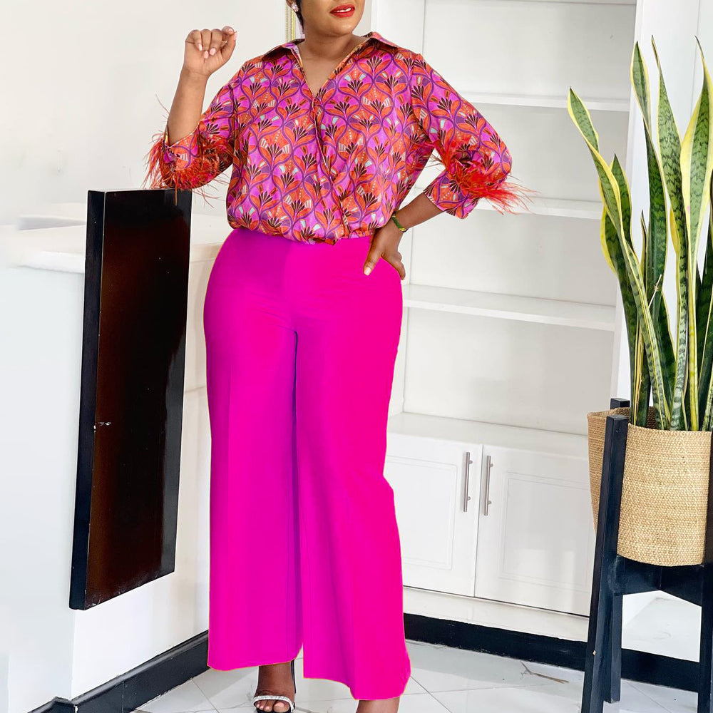 D3342 cross-border supply of european and american clothing  wholesale printed shirt wide-leg pants two-piece set african suit