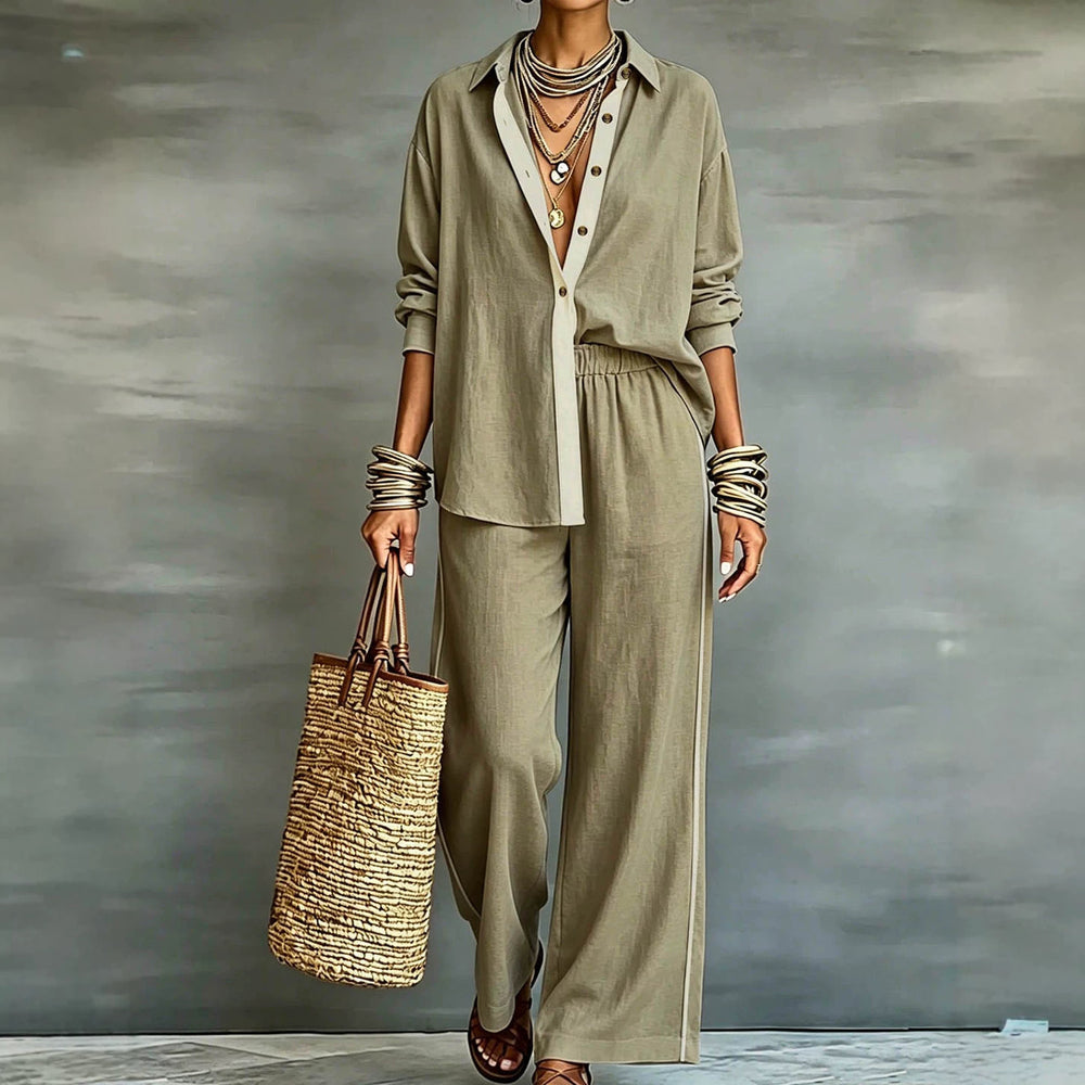 Exportplus size relaxation work clothing set retro gray linen shirt elastic waist side strips wide leg pants two-piece set