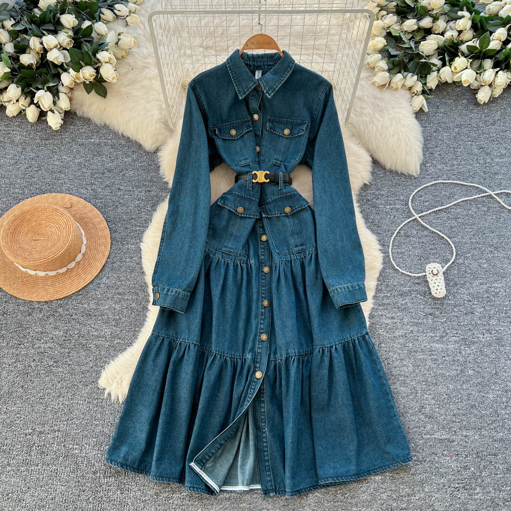 French retroelegancedress women's autumniche styleclassy light mature style strap waist metal buckle denim skirt