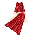 Commuting style classylong sleeves flower strap two-piece set female autum strap waist slimming lookhigh waistsuit skirt