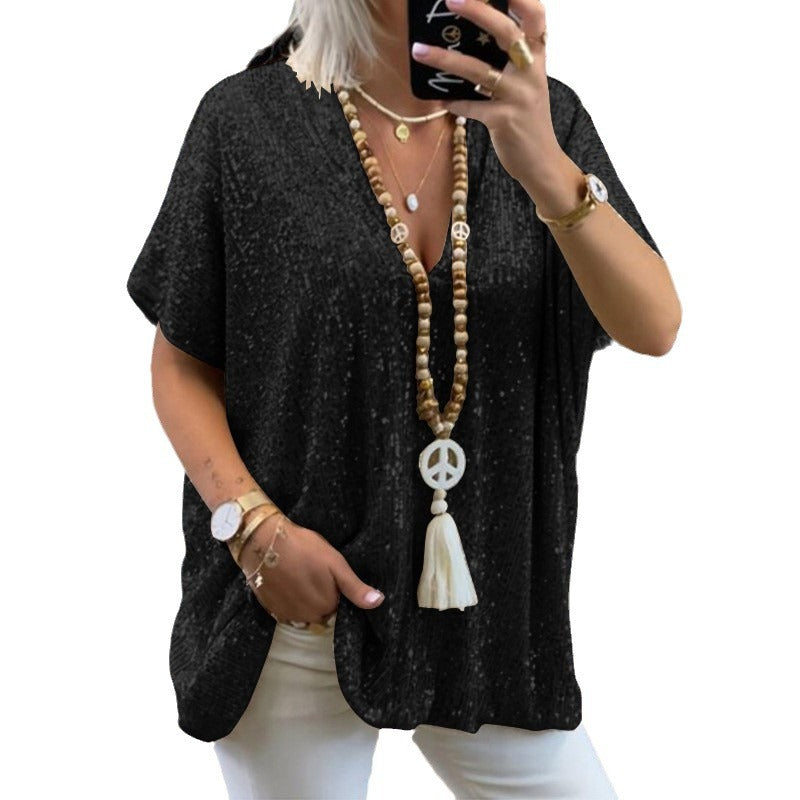new european and american  style short-sleeve urban casual loose fit pullover sequin v-neck t-shirt top for women