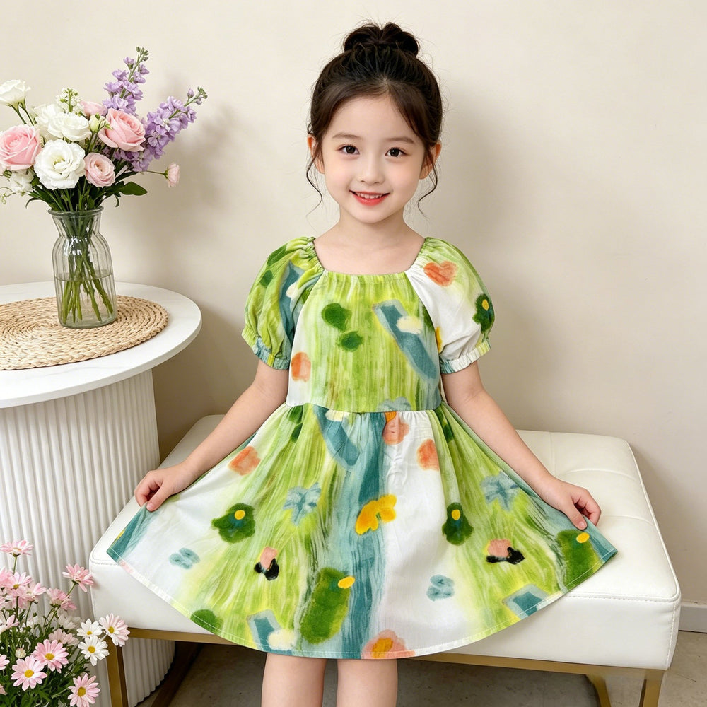 【matching family outfit】girls' summer dress - fresh green bubble sleeve dress for kids, sweet and adorable baby girl clothing