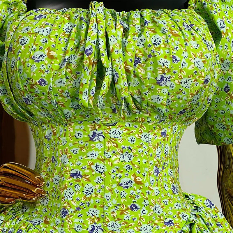 European and american cross-border women's fashion:  summer new arrival - fresh floral print, tie-waist, high-waisted, green midi dress