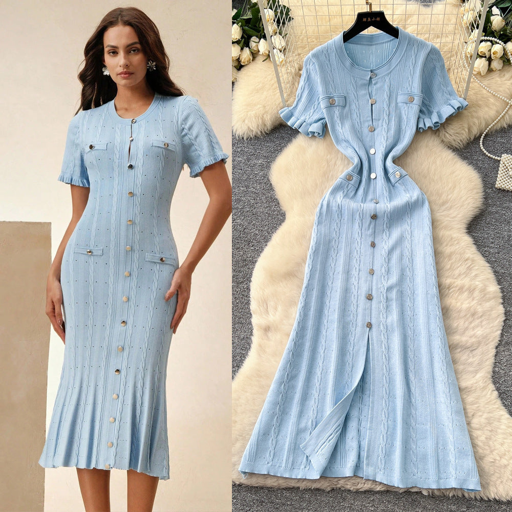 Export french tweed styleclassyfashionable buttoned silm short-sleeved knittingdress women's summer waist elegant