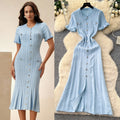 Export french tweed styleclassyfashionable buttoned silm short-sleeved knittingdress women's summer waist elegant