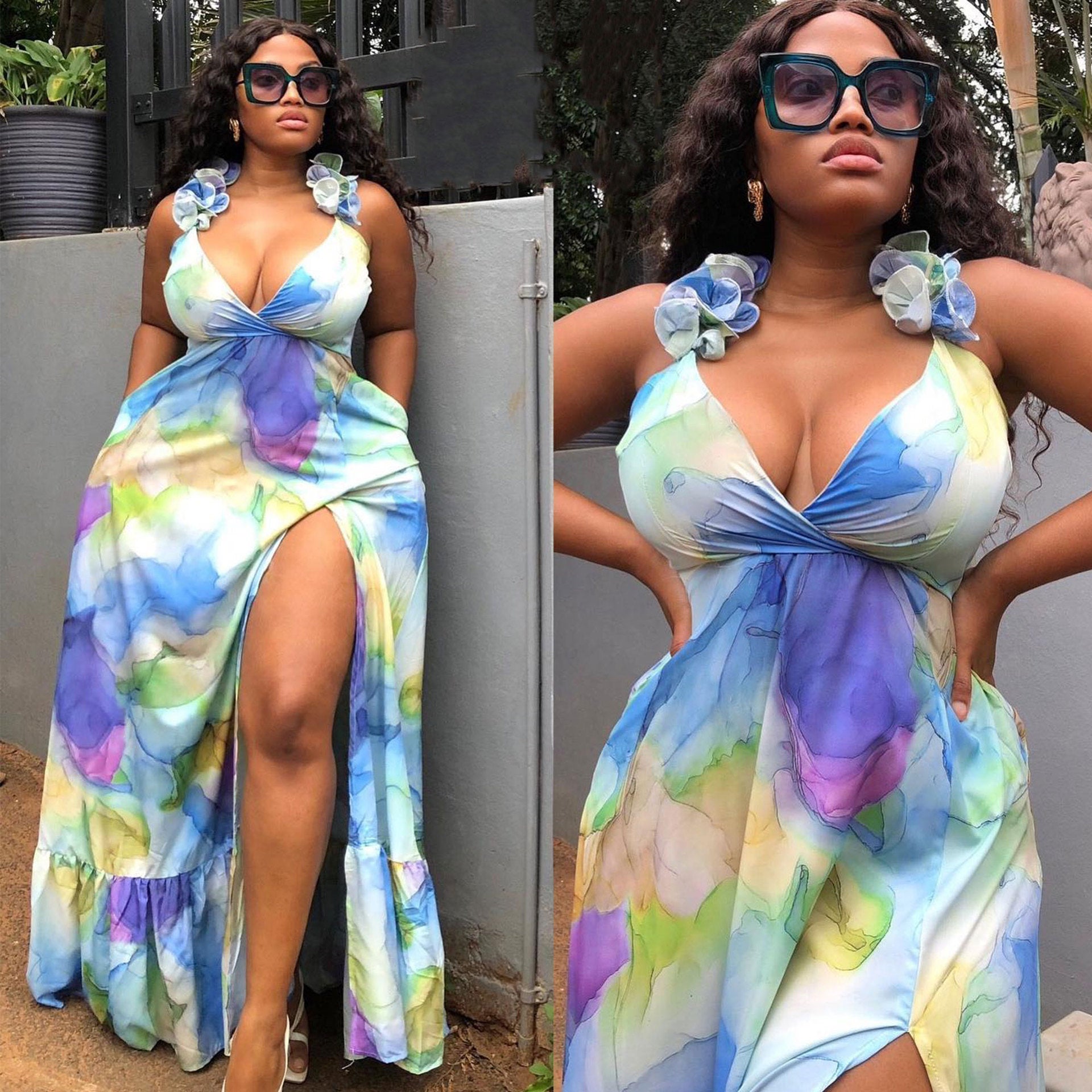 S10498 European, American, sexy, printed large size suspender split dress