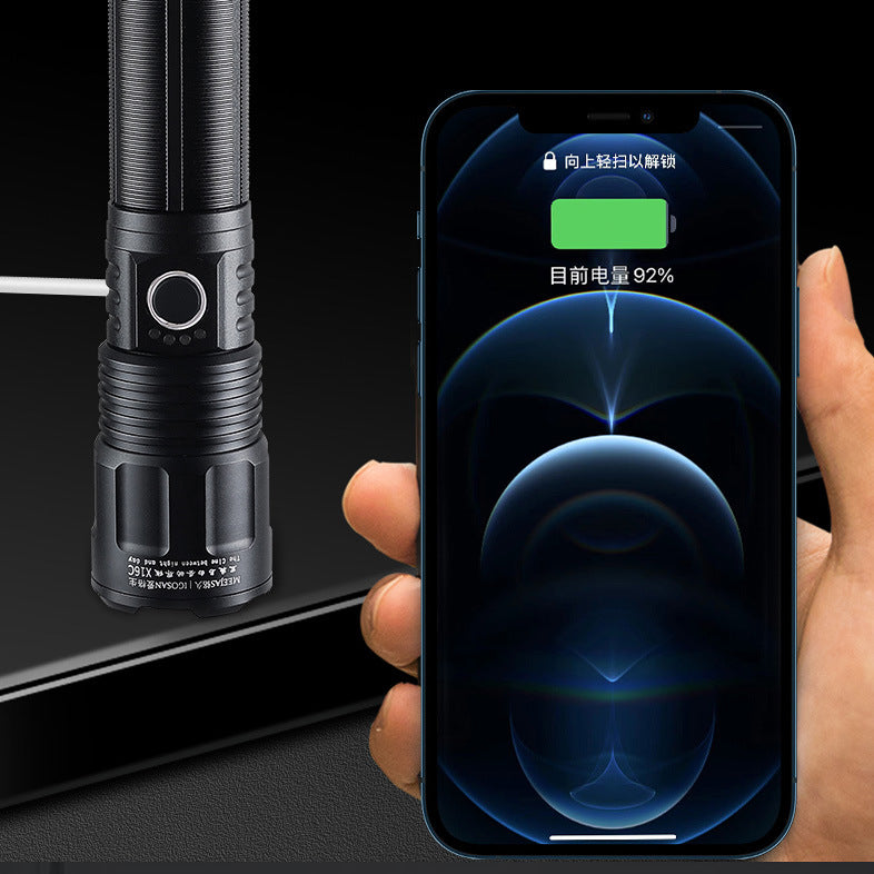 In December, the new  aluminum alloy strong light flashlight, zoom power display USB charging outdoor household flashlight