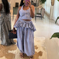 Fashion cross-border women's clothing  summer new style elegant lapel stripes sleeveless tops leather curtain wide-leg pants suit