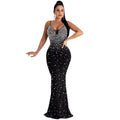 C5852   fashion women's hotfix rhinestone nightclub sexy sleeveless maxi dress