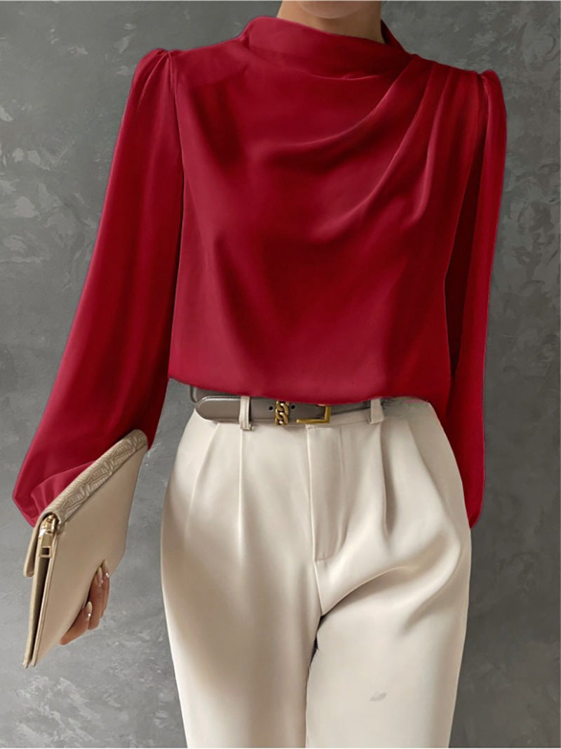 Solid color pleated women's blouse - elegant pullover satin top - new european and american style commuter long sleeve top