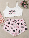exclusive knitted tank top and camisole set with various pattern prints, comfortable and lightweight women's loungewear pajama set with shorts