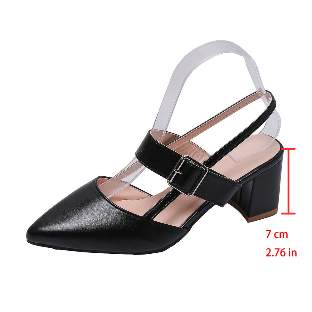 Shallow mouth thick heel high heel flats sandals women's summer 2026 new arrival k-style pointed toe one-word buckle strap roman shoes