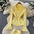 Xiaoxiangfengclassy lapel long sleeves slit knittingtopshigh waist hip-covering skirtelegantfrenchtwo-piece set