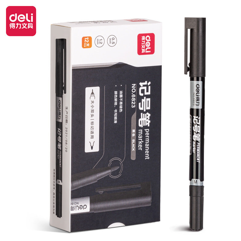 Deli double-ended marker, black oil-based pen, hook pen, art-specific oil-based signature pen, double-ended pen wholesale