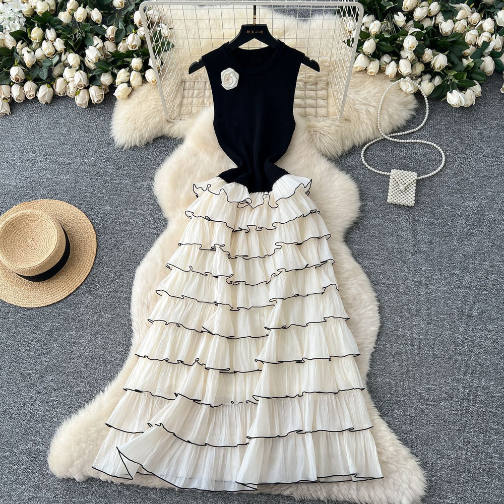 Frenchclassy lady flower contrast color sleeveless knittingpatchwork waist layered cake dress women's long skirt