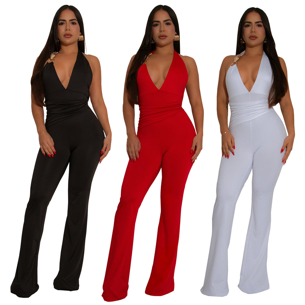 C7329 cross-border   fashion women's strappy sexy deep v halter neck solid color jumpsuit new