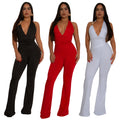 C7329 cross-border   fashion women's strappy sexy deep v halter neck solid color jumpsuit new