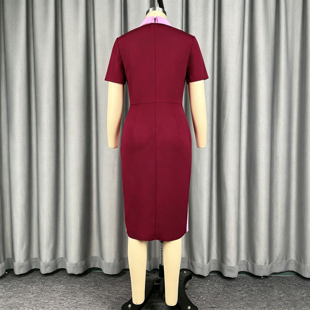 Summer slimming high-waisted short-sleeve dress - color block patchwork, turn-down collar, slim fit, casual style dresses