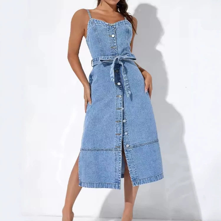 ins style fashionsummer women's dress water pattern light color denim suspender backless midi dress