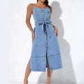 ins style fashionsummer women's dress water pattern light color denim suspender backless midi dress